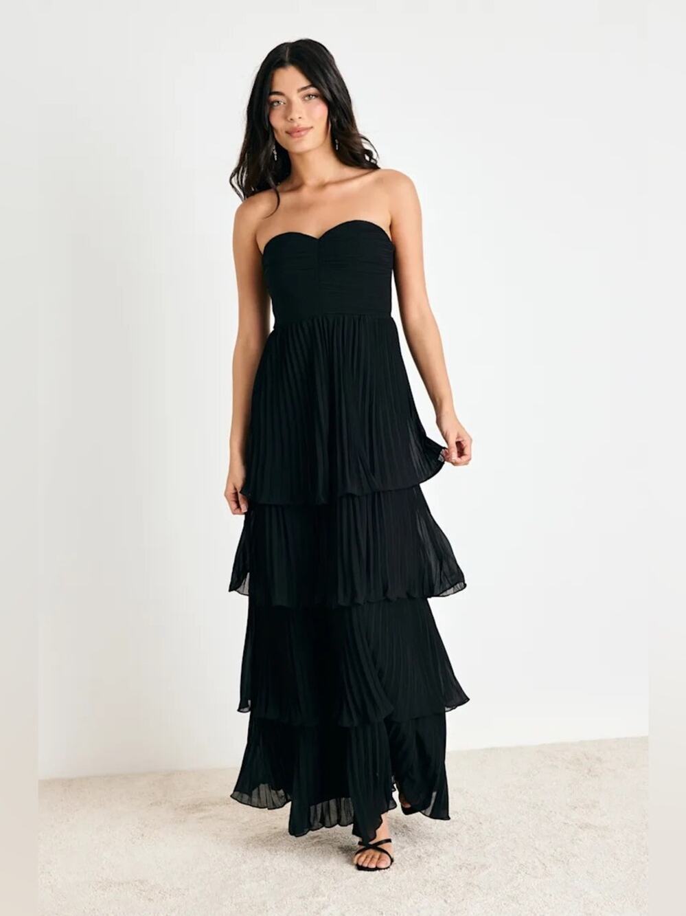 Lulus Seriously Sensational Black Strapless Tiered Pleated Chiffon Maxi Dress XS